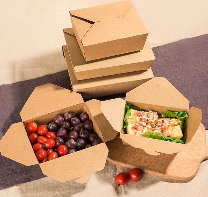 210*154mm Disposable Kraft Paper Lunch Box , Square Bento Salad Box