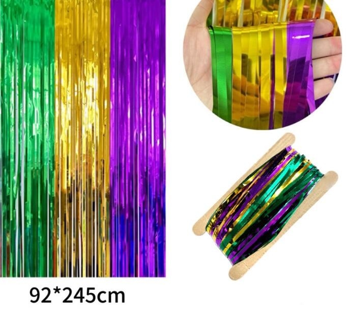 Party background wall, birthday party purple, gold and green three-color stitching rain curtain